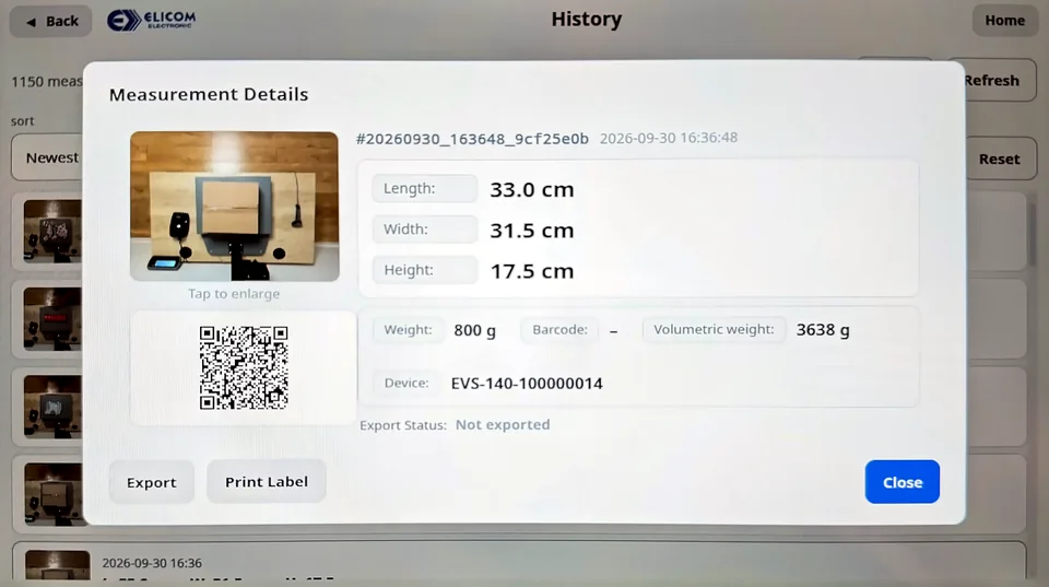 A saved measurement on the EVS 140 touch display: record number, date and time, photo of the parcel, 33.0 × 31.5 × 17.5 cm, 800 g, volumetric weight 3638 g and the device ID.